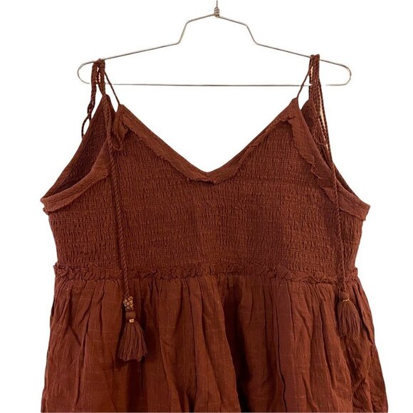 Free People Womens Sundress Brown Short Smocked V Neck Tassels Cotton Large - Picture 2 of 8